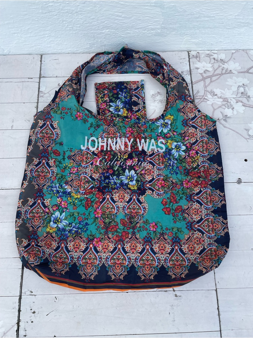 Johnny Was Teal and Navy Floral Paisley Foldable Tote